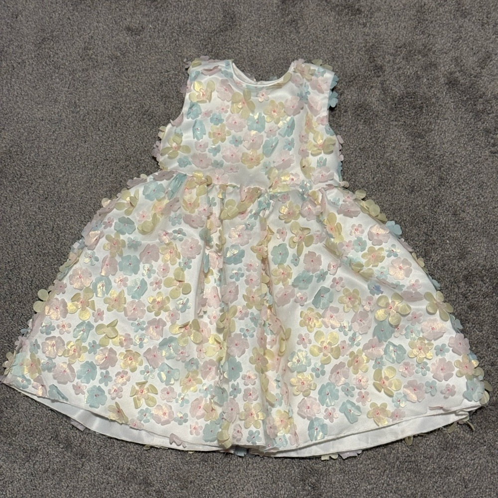 Rachel Riley White Dress with Pink, Blue & Yellow Floral Appliqués size 5